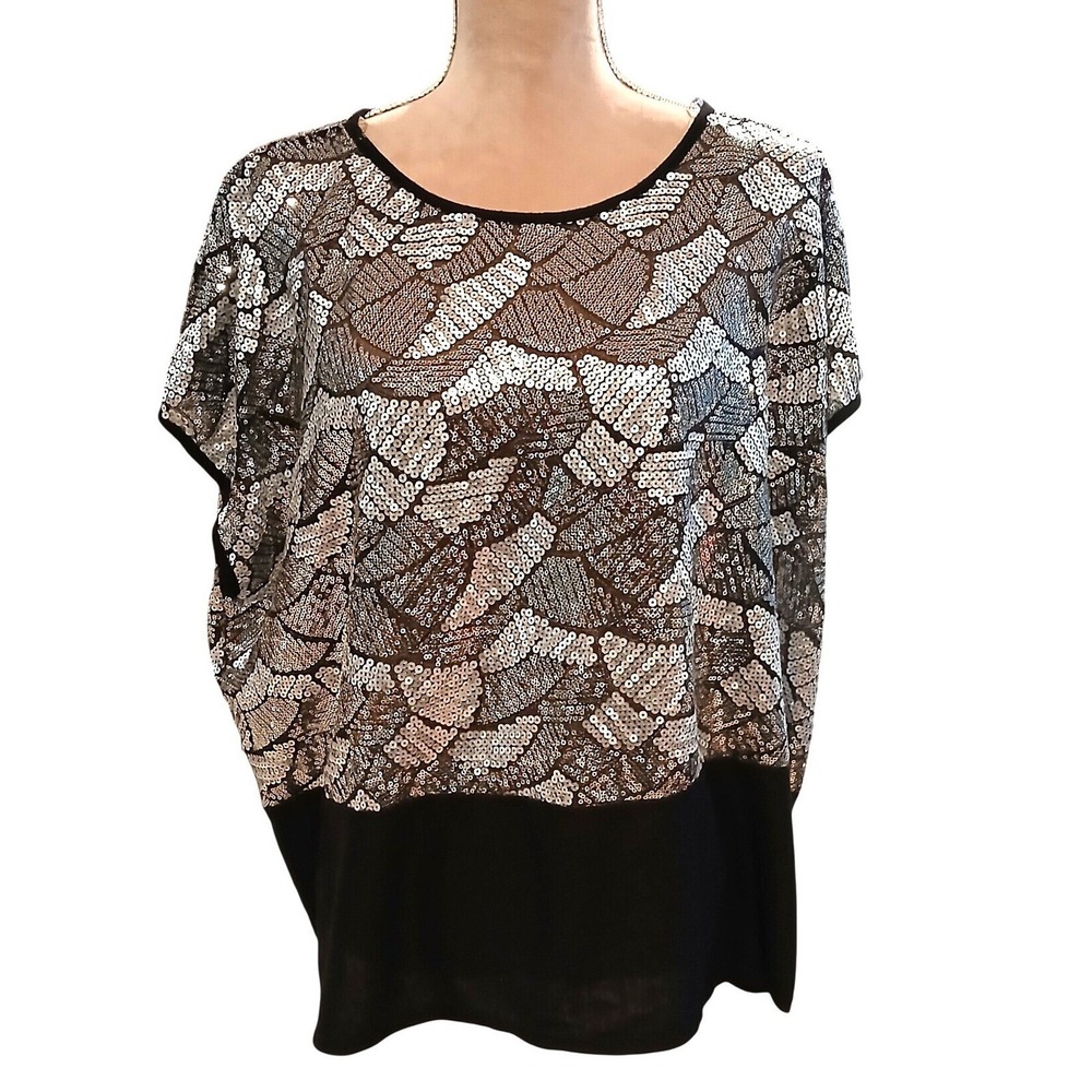 Vtg JeJe USA Silver Sequin Blouse Black Mesh Short Sleeve Party Top Size Large